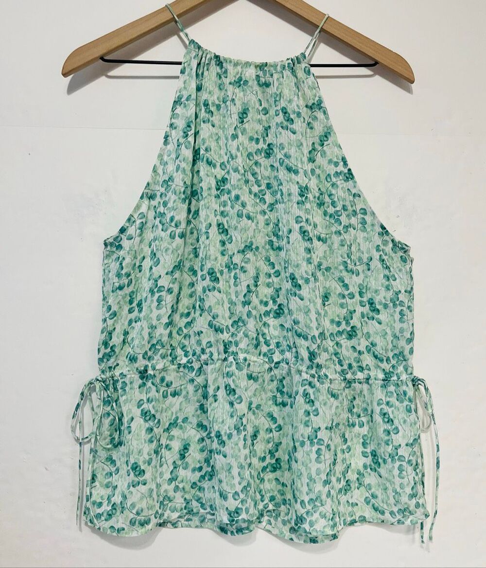 H & M White And Green Botanical Print Halter Tank Top   Size M